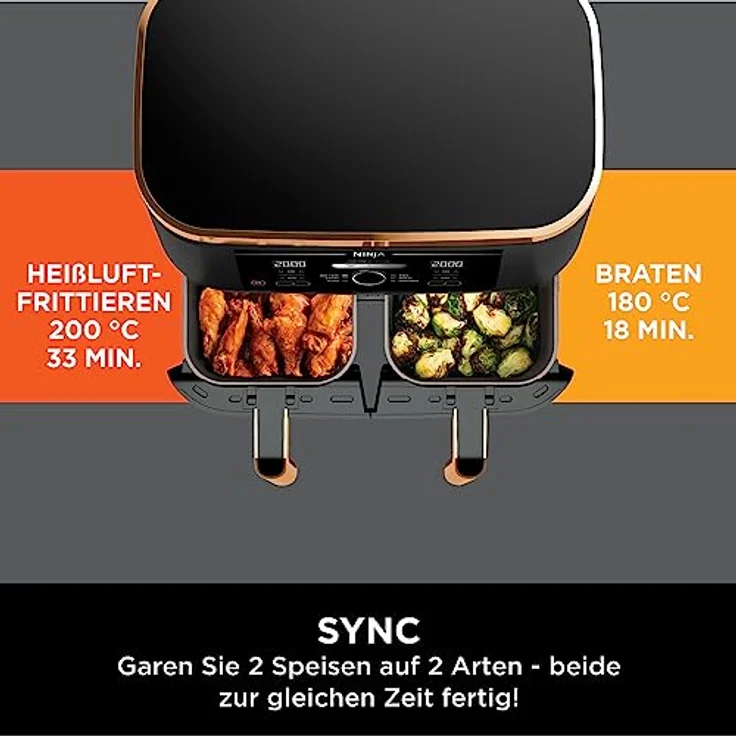 Ninja Foodi MAX AF400EUCP 2-Zonen Heißluftfritteuse, Airfryer, 9.5L, 2 Fächer, mit Zange, Antihaftbeschichtung, spülmaschinenfeste Körbe, 6-in-1, Amazon Exklusiv, Kupfer/Schwarz, AF400EUCP – Bild 5