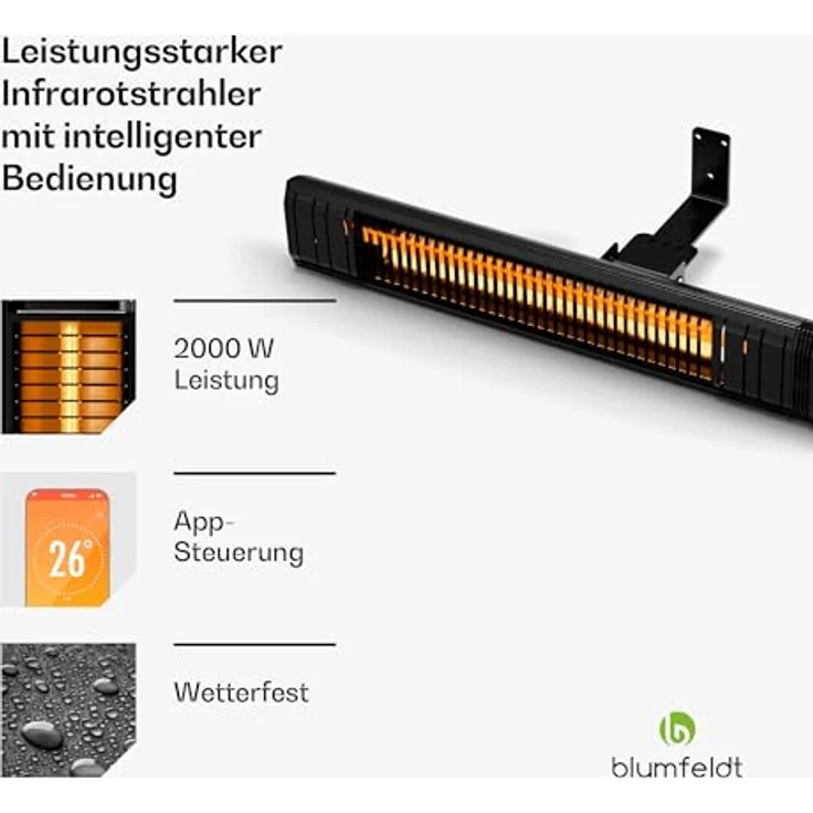 blumfeldt Infrarotheizung 2000 W – Wand & Deckenmontage, IP65 Wasserdicht, 9 Heizstufen, Smarte WLAN-Steuerung, Aluminium-Heizplatte, Kindersicherung, für Balkon, Terrasse & Garten – Bild 2