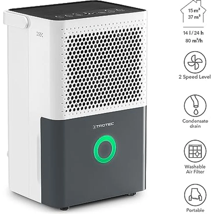 Trotec TTK 33 E Komfort Luftentfeuchter, bis 30 m², Entfeuchtungsleistung 14 l-Tag, 1,5 L Tank, Wäschetrocknungsfunktion, weiß-grau (1.120.000.037) – Bild 2