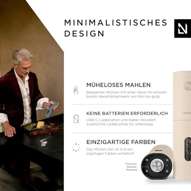 LARS NYSØM Salz und Pfeffer Mühle Elektrisch 2er Set mit einstellbarem Keramik-Mahlwerk von grob bis fein I Design Gewürzmühlenset Automatisch (2 Stück, Buttercream) – Bild 2