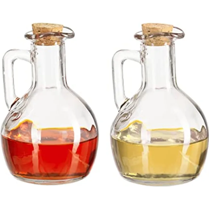 Relaxdays Öl- & Essigkanne 2er Set, transparente Glasflaschen mit Korken, je 180 ml, runder Glaskörper, ideal für Küche und Esstisch