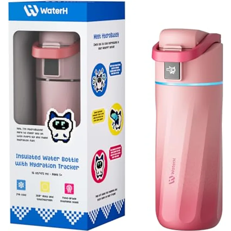 WaterH Boost Kinder Trinkflasche, 475 ml mit LED-Touch-Display, lila, BPA-frei und isoliert