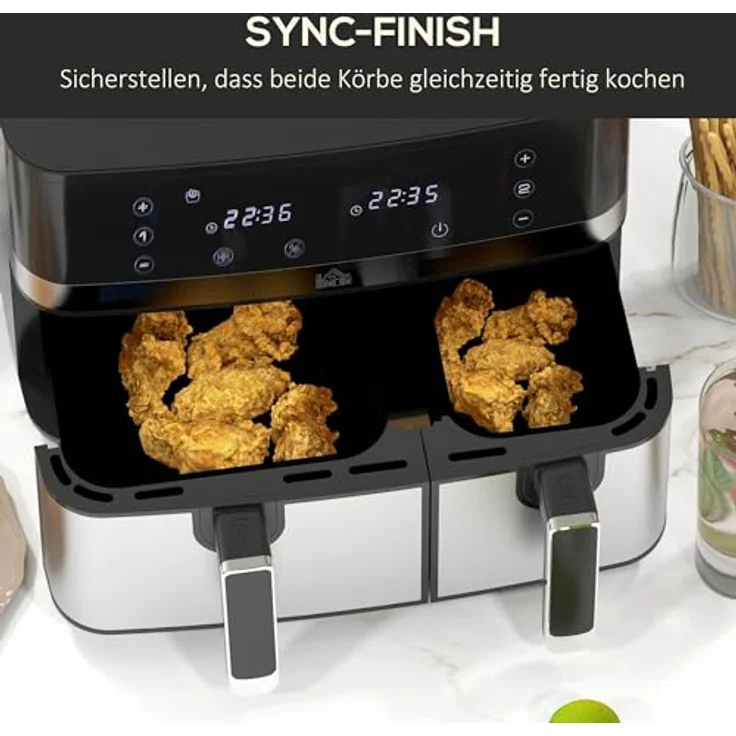 HOMCOM Heißluftfritteuse 8,5L, Doppelkammer, 8 in 1 Rezeptur, Touchscreen, Smart und Timer-Funktion, ohne Öl, Schwarz – Bild 3