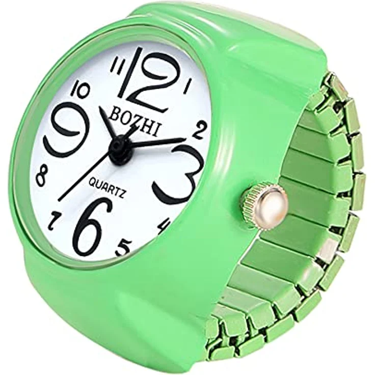 JewelryWe Damen Ringuhr Fingeruhr, Elastische Analog Quarzuhr mit Präziser Zeitanzeige, Grün – Bild 1