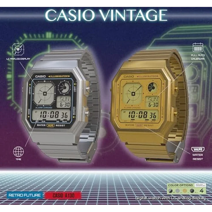 Casio Watch A130WEG-9AEF, Digitaluhr mit analogem Display, Gold Edelstahlband, Kalenderfunktion, Stoppuhr, Alarm, 3 bar wasserdicht, 35 x 40 mm – Bild 5