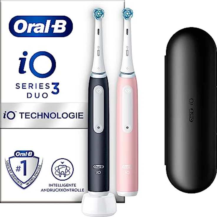 Oral-B iO Series 3n Elektrische Zahnbürste/Electric Toothbrush, Doppelpack, 3 Putzmodi inkl. Sensitive Zahnpflegee, Drucksensor & Timer, Designed by Braun, matt black/blush pink – Bild 1