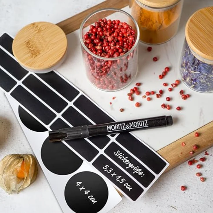 Moritz & Moritz Gewürzgläser Set, 12x 125 ml mit Bambusdeckel, inkl. 24 Tafelsticker & Kreidestift, bruchsicher und spülmaschinenfest, transparent – Bild 5