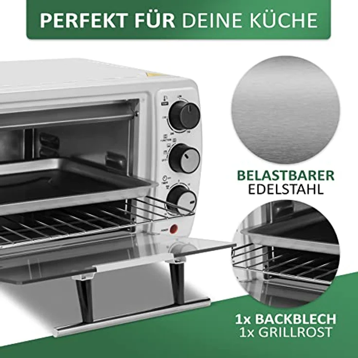 Mini Backofen 13 Liter 1200 Watt Pizzaofen 65°-230°C Timer aufklappbares Krümelblech Minibackofen Kleiner Oven – Bild 5