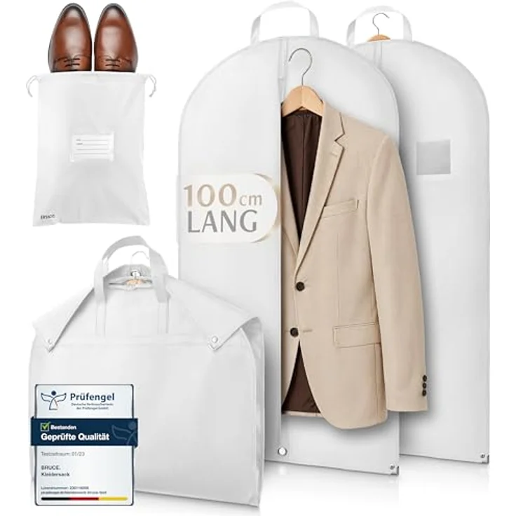 Bruce.® 2x Kleidersack Kurz 100x60 cm, Seidenweiß, atmungsaktive Schutzhüllen für Anzüge und Kleider mit Schuhbeutel – Bild 1