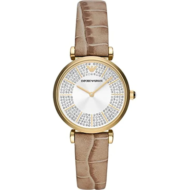 Emporio Armani Uhr für Damen , Zweizeiger Uhrwerk, 32MM Gold Edelstahlgehäuse mit einem Lederarmband, AR11518