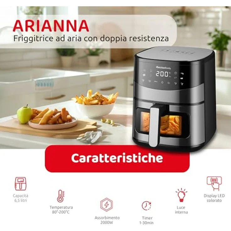 Melchioni Heißluftfritteuse ARIANNA, 2000 W, 6,5 L, Doppelheizung, 80–200 °C, 8 Programme, Farb-LED-Display, Sichtfenster – Bild 3