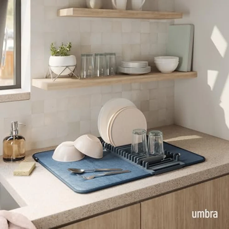 Umbra Udry Geschirr-Abtropfgestell mit Mikrofaser-Abtropfmatte, faltbar und platzsparend, schieferblau – Bild 2