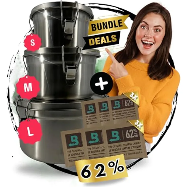 TronicXL XXL Set Kräuter Aufbewahrungsdose luftdicht kompatibel mit Boveda + Pack 62% Grow Aufbewahrung Ernte Dose, 3er Set in Edelstahl mit Feuchtigkeitsregulierer