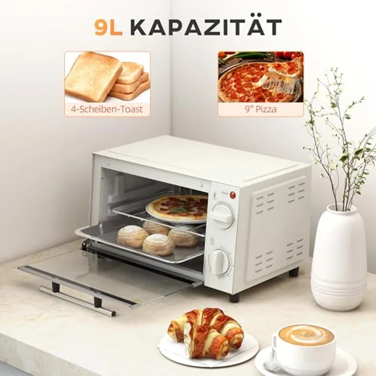 HOMCOM Minibackofen 9L Mini Ofen mit Backblech, Grillrost, einstellbare Temperatur und Timer, 750W, Edelstahl, Cremeweiß – Bild 3