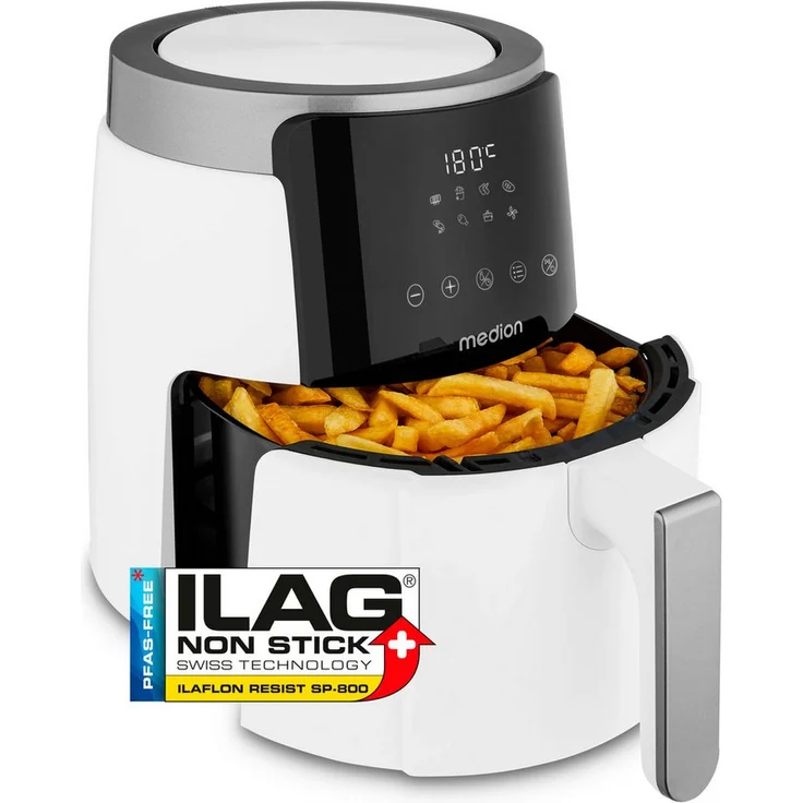 Medion® Heißluftfritteuse P40 L MD 13030, 1500 W, 100 Rezepte in der Life+ App, 4,7 Liter Fassungsvermögen, weiß – Bild 1