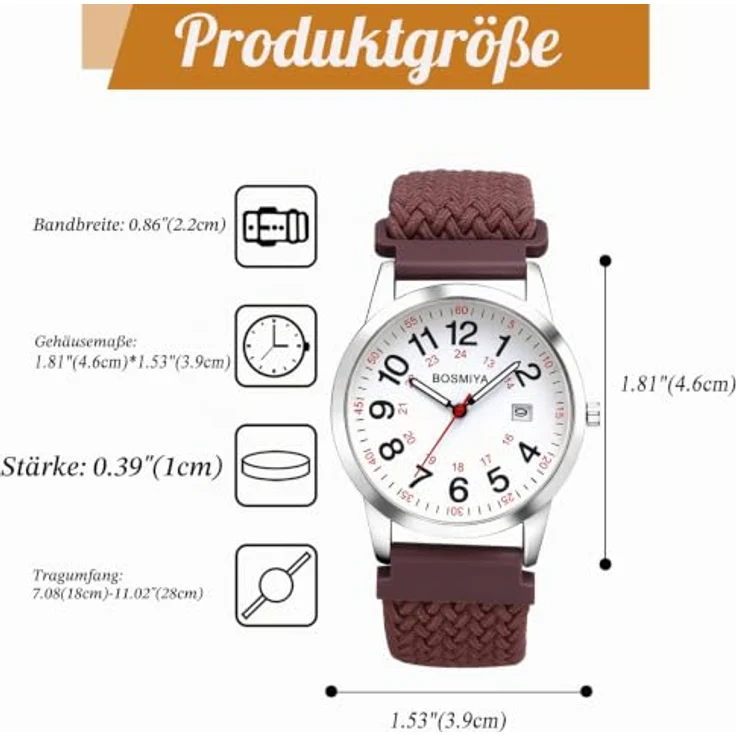 JewelryWe Geflochten Elastische Uhr mit Stoffarmband, Unisex Quarz Armbanduhr mit Braun Gewebt Stretcharmband, 24-Stunden-Zifferblatt und Großen Zahlen – Bild 4