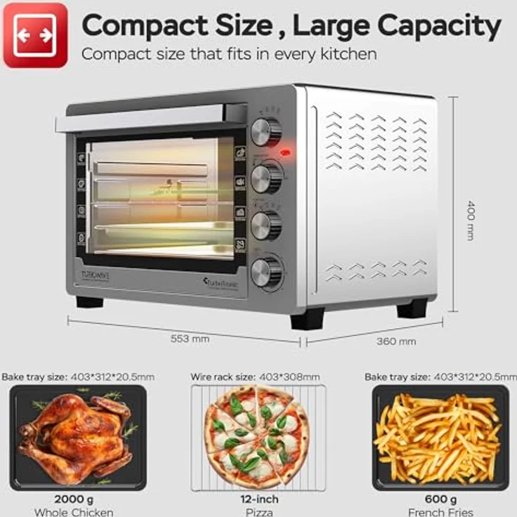 TurboTronic Elektrobackofen 45L, Edelstahl Tischbackofen mit Umluft, Grill & Drehspieß, Timer & Doppelglastür für Pizza, Braten & Aufläufe – Bild 2