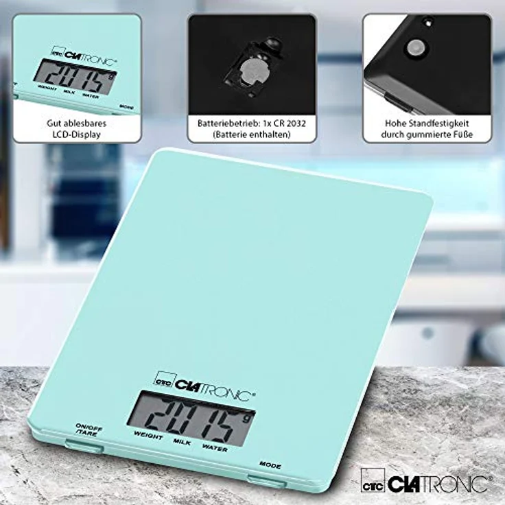 Clatronic KW 3626 Küchenwaage, extra flach, max. 5 kg Tragkraft, batteriebetrieben, LCD-Display, mint – Bild 2