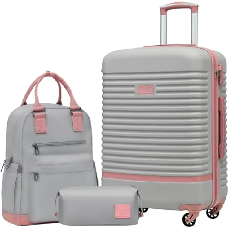 COOLIFE Reisekoffer Trolley Set 3tlg, Mittelgroßer ABS Hartschalenkoffer mit 4 Rollen, TSA-Schloss, Grau/Rosa inkl. Rucksack und Kulturbeutel
