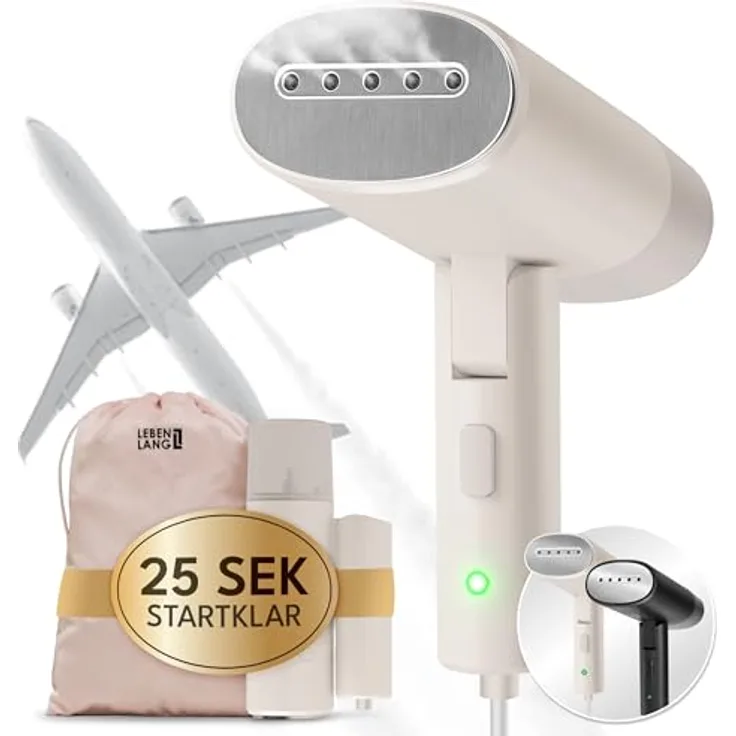 LEBENLANG Reise Dampfglätter, Kompakt Faltbar, 900W Hand Steam Iron mit Reise Set in Weiß, inkl. Bügelhandschuh und Reisetasche