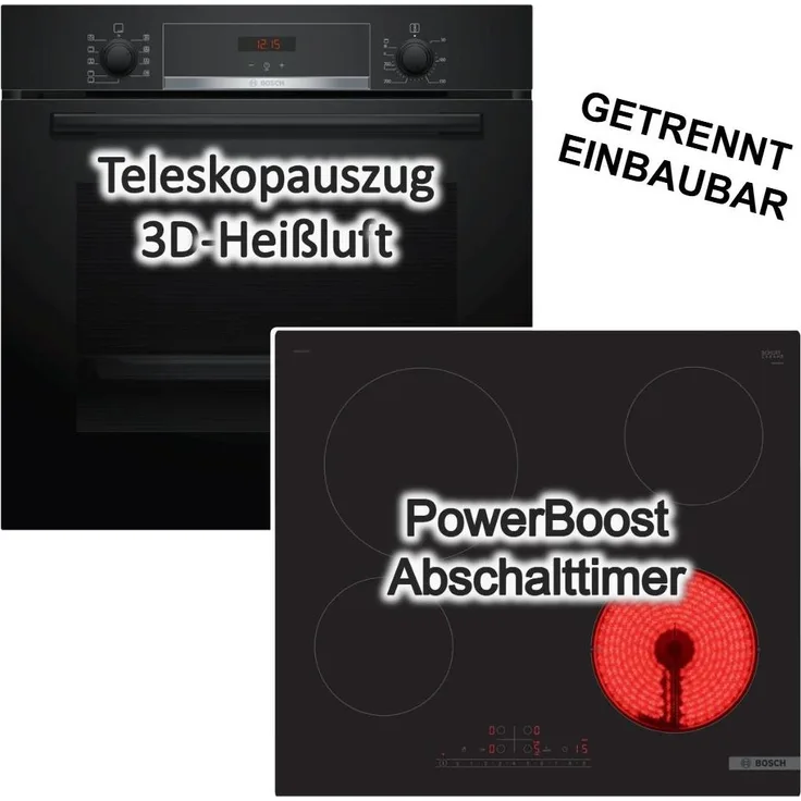 BOSCH HBA534EB3 Set Backofen mit Glaskeramik Kochfeld, 71 Liter, Hydrolyse, Pizzafunktion, Teleskopauszug, PowerBoost, Schwarz