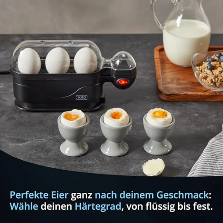 KHG Eierkocher für 3 Eier, Aluminium Schwarz, mit Warmhaltefunktion und Alarmfunktion, 380 Watt, platzsparend, TÜV Siegel – Bild 4