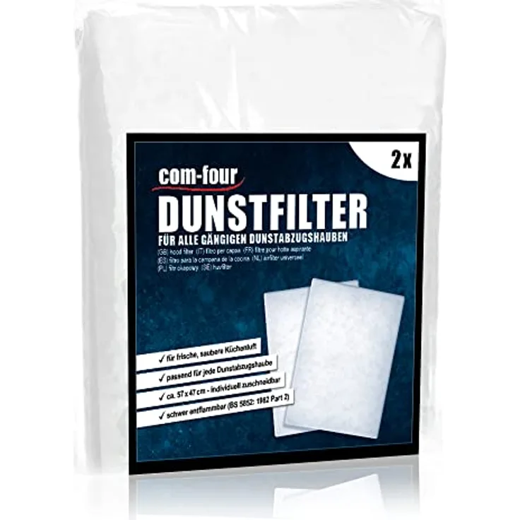 com-four® 2x Zuschnneidbare Dunstabzugshauben Filtermatte, weiß - Universell einsetzbar, extra fettspeicherfähig, schwer entflammbar