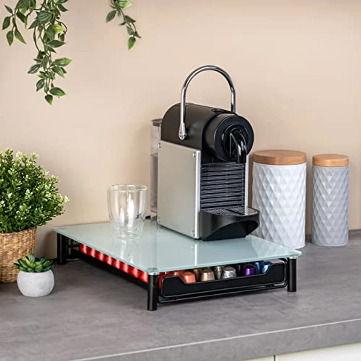 bremermann Kaffeekapsel-Box für 60x Nespresso, Schubladenbox aus Metall mit Glasplatte, Kapselhalter und Kapselspender, ca. 31 x 7 x 40,5 cm (Weiß) – Bild 2
