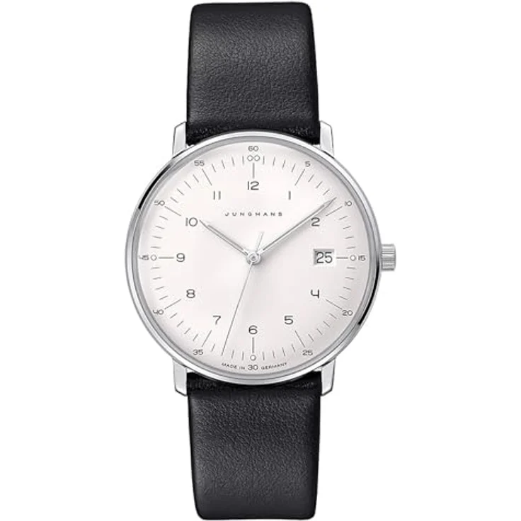 JUNGHANS max Bill Damenuhr mit Lederband Schwarz 47/4450.02, Edelstahl-Gehäuse, Antireflex-Saphirglas, weißes Zifferblatt – Bild 2