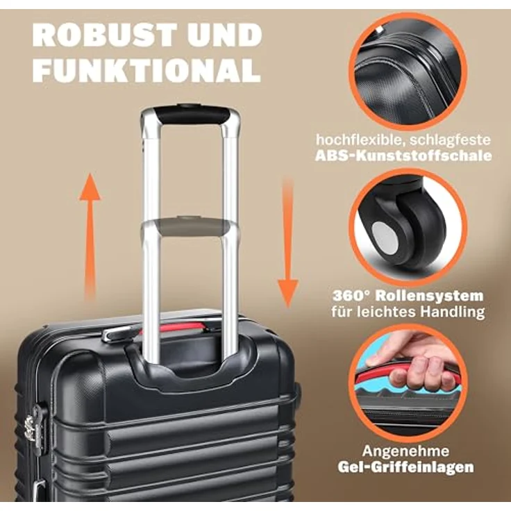 Monzana® 3tlg. Kofferset Baseline Hartschalen Koffer M-L-XL Gel-Griffe 4 Rollen Kantenschutz Schloss Standfüße Trolley Rollkoffer Reisekoffer schwarz – Bild 3