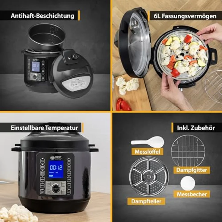 TZS FIRST AUSTRIA Multikocher Druckkochtopf 6L, 12 Programme, Schnellkochtopf, Dampfgarer, 1000 W, Grau-Schwarz – Bild 3