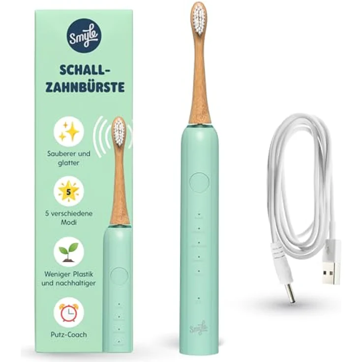 Smyle Schallzahnbürste mit Sensor, 3 Monate Akkulaufzeit, Intelligenter Timer, 5 Putzmodi, Wasserdicht, Mintgrün – Bild 1