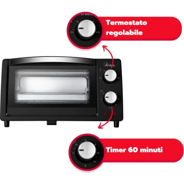 ARDES - AR6211B Elektrischer Kleinbackofen Fassungsvermögen 10 Liter Mit Innenbeleuchtung Regulierbarem Thermostat und Timer mit doppeltem Glas Automatischer Abschaltung - Mit Zubehörteilen – Bild 2