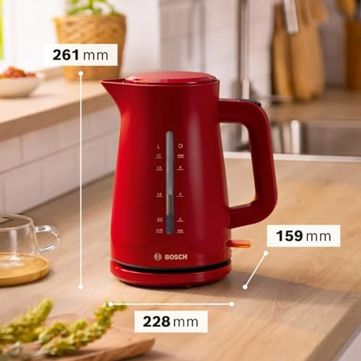 Bosch kabelloser Wasserkocher My Moment TWK3M124, Abschaltautomatik, Überhitzungsschutz, Tassenanzeige, beidseitige Wasserstandsanzeige, entnehmbarer Kalkfilter, 1,7 L, 2400 W, Rot matt – Bild 2