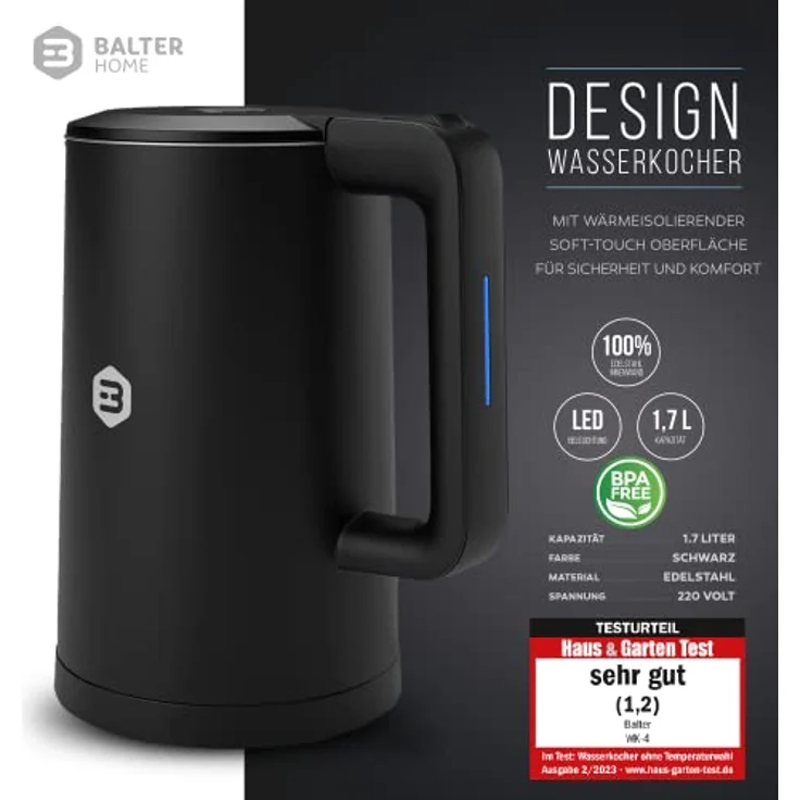 Balter Wasserkocher WK-4, 1,7 L, kabellos, doppelwandig, schwarz – Bild 2