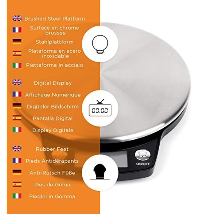 Duronic KS6000 RD Küchenwaage | 5 kg Digitalwaage rund mit 2,5 L abnehmbarer Schüssel | 1 g grammgenau Präzision-Feinwaage | Haushaltswaage mit Tara-Funktion | Digitale Waage mit Hold-Funktion | Backen – Bild 4