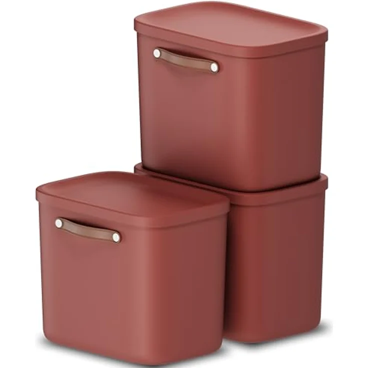 Rotho Maloja 3er-Set Aufbewahrungsbox mit Deckel 25l, Kunststoff, rot, 25 - Stapelbare Ordnungsboxen mit Deckel und Griff, 39.5 x 26.5 x 34.0 cm – Bild 1