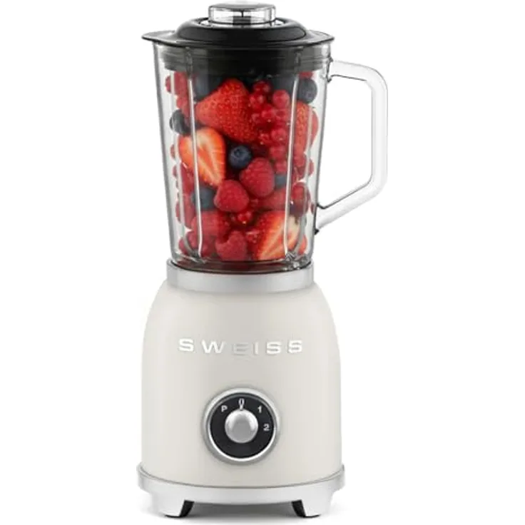 SWEISS Blender Smoothie Vintage MXV8, 1000 W, 2 Geschwindigkeiten, Pulsfunktion, 6 Edelstahlklingen, 1,5-L-Glasbehälter, rutschfeste Füße, Sicherheitsverschluss, Beige