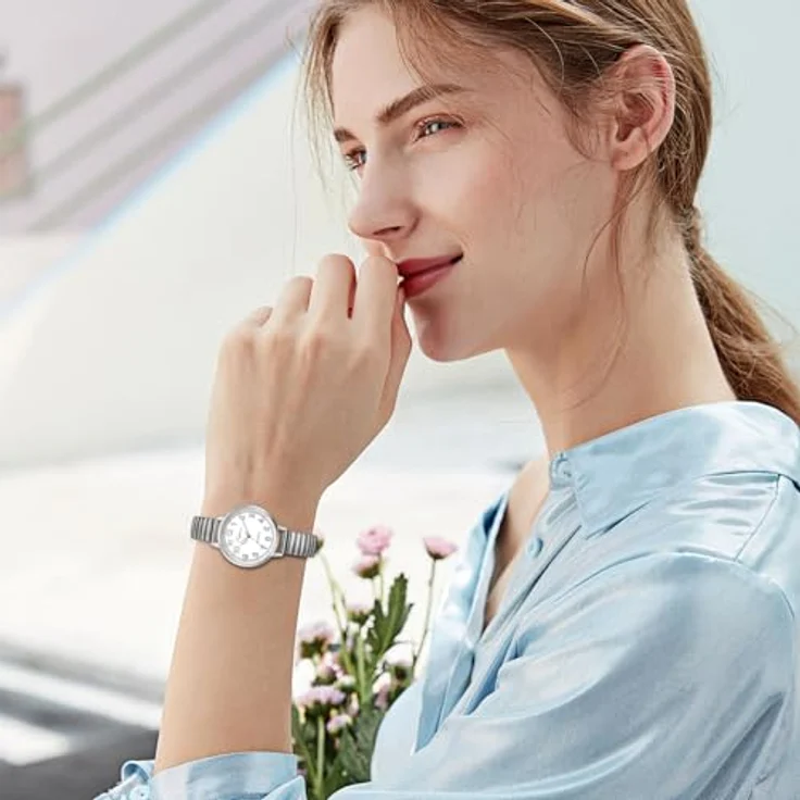 JewelryWe Damenuhr, elastische Uhr für Senioren, Silber Analog Quarz mit großem Zifferblatt und elastischem Edelstahlzugarmband – Bild 2