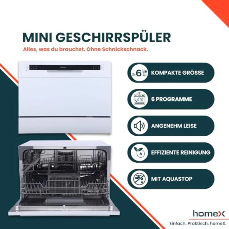 homeX GST6AD-W Mini Geschirrspüler, Tischgeschirrspüler für 6 Maßgedecke, 6 Programme, AquaStop, Energieeffizienzklasse D, Weiß – Bild 2