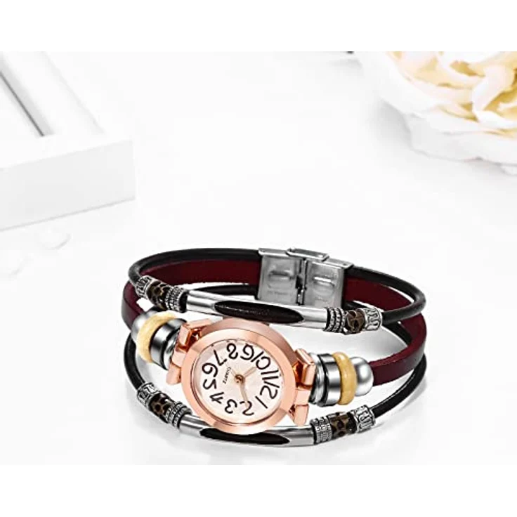 JewelryWe Analog Quarz Armbanduhr Damen, Retro Mehrreihig Geflochtenes Lederarmband, Wasserdicht, Braun – Bild 4