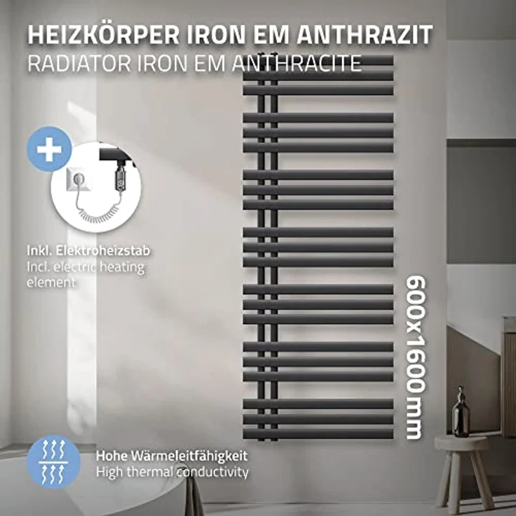 ECD Germany Iron EM Design Badheizkörper Elektrisch mit Heizstab 1200 W - 600 x 1600 mm - Anthrazit - Paneelheizkörper Handtuchwärmer 1200W - inkl. Montagematerial – Bild 3