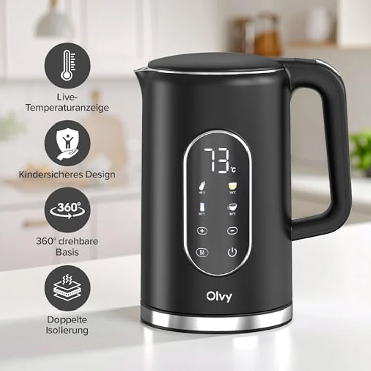 Olvy Wasserkocher mit Temperatureinstellung 1,7L – Edelstahl, LCD-Display, 2200W, BPA-frei, Warmhaltefunktion, Temperaturwahl 40–100°, Kalkfilter, cool touch – Bild 3