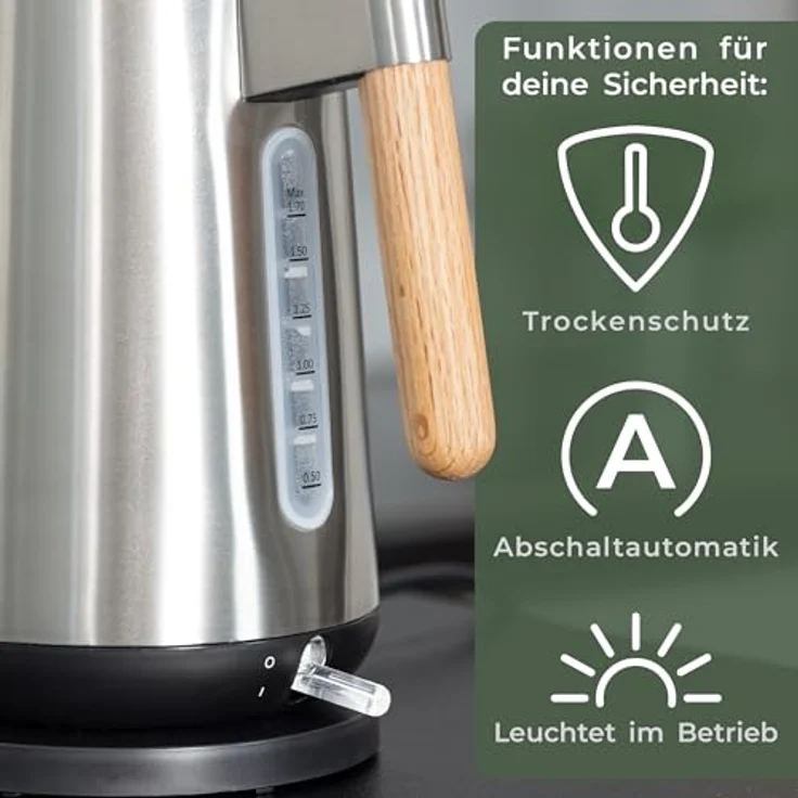 WALDWERK Design Wasserkocher - 3000 Watt - 1,7L - Edelstahl mit Eichenholz Griffen - Rostfreier 304 Edelstahl – Bild 4