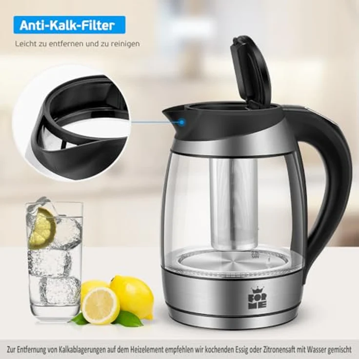 ForMe FKG-418 Glas-Wasserkocher, 2200W, 1,8 Liter, Warmhaltefunktion, LED, Temperatur einstellbar, transparent, silber, schwarz – Bild 6