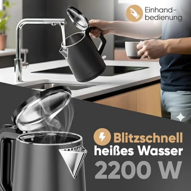 ProfiCook® Wasserkocher PC WK 1290, 1,5 Liter, 2200W, doppelwandiges Thermogehäuse, Einhandbedienung, matte Edelstahloberfläche, Graphit – Bild 2