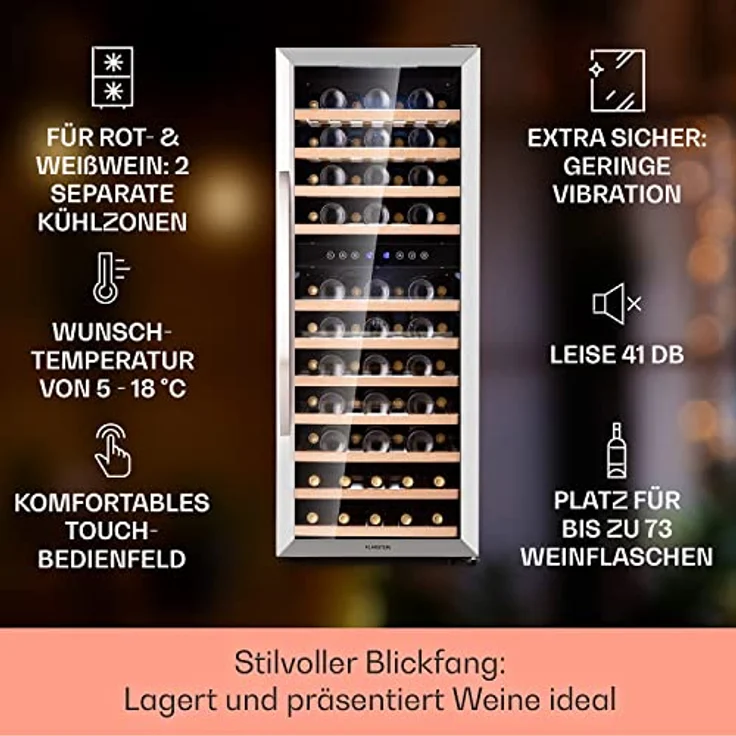 Klarstein Vinamour 73 Duo Weinkühlschrank, freistehend, silber, 73 Flaschen, 2 Temperaturzonen, 5-18°C, Touch, Energieklasse G – Bild 3