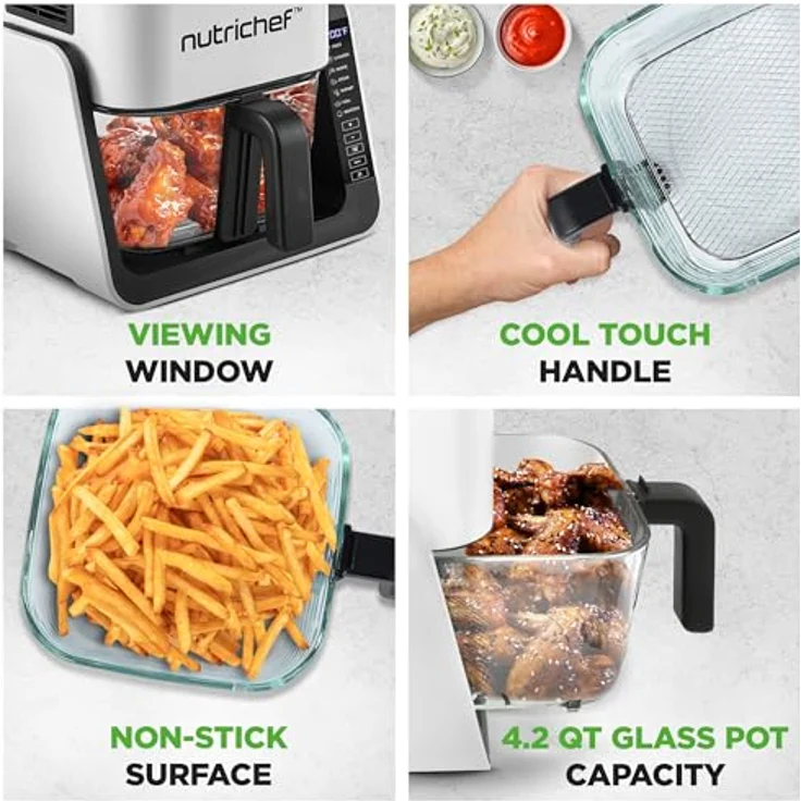 NutriChef 4L Airfryer & Elektrogrill, 7-in-1 Glas Heißluftfritteuse mit 1.2L Grillplatte, Frittieren, Grillen, Backen ohne Öl, für 4-6 Personen, 1500-1700W, transparentes Design – Bild 5