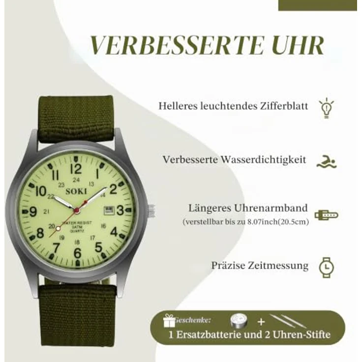 JewelryWe Uhren Herren Nylon Militär, 12/24H Datum Kalender Analog Quarz Armbanduhr mit leuchtenden Zeigern und grünem Nylonarmband – Bild 3