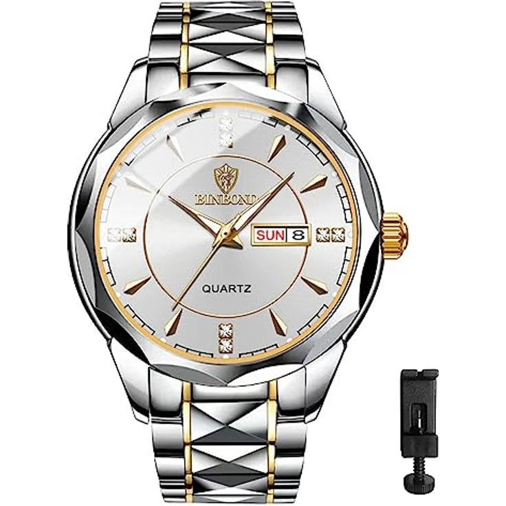 JewelryWe Herrenuhr Edelstahl Analog Quarz, Silber mit leuchtenden Zeigern, Datum/Woche Kalender, 30m wasserdicht – Bild 4